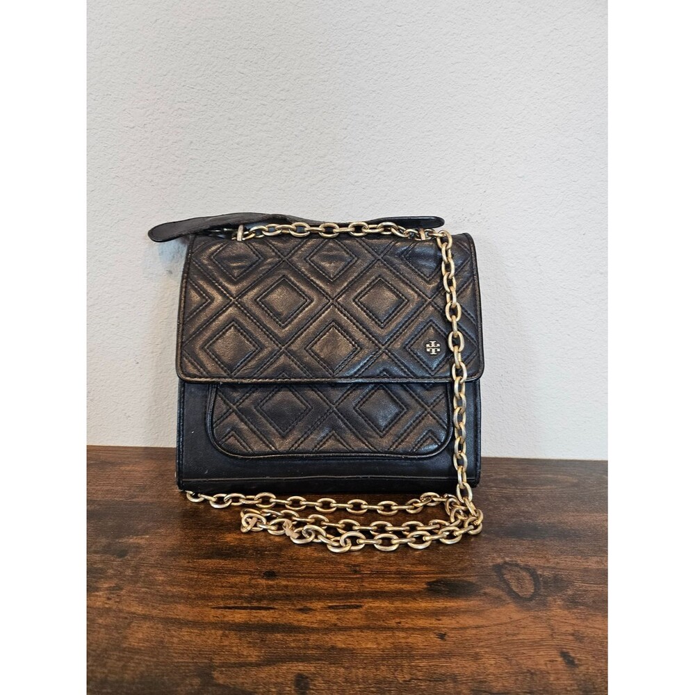 Tory Burch Black Quilted Leather Shoulder Bag with Gold Chain